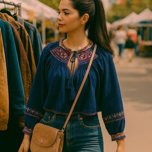 Free People Tops - Free People Boho Embroidered Crop Top Navy Blue Peasant Blouse Medium